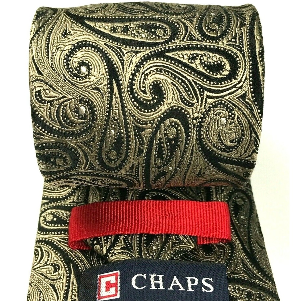 CHAPS Tie Men's 100% Silk Necktie Designer PAISLEY Black Tan Classic Wide 57.5" - Picture 1 of 10